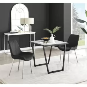 Image of Furniturebox UK - Furniturebox Carson White Marble Effect Square Dining Table & 2 Black Pesaro Silver Leg Velvet Chairs