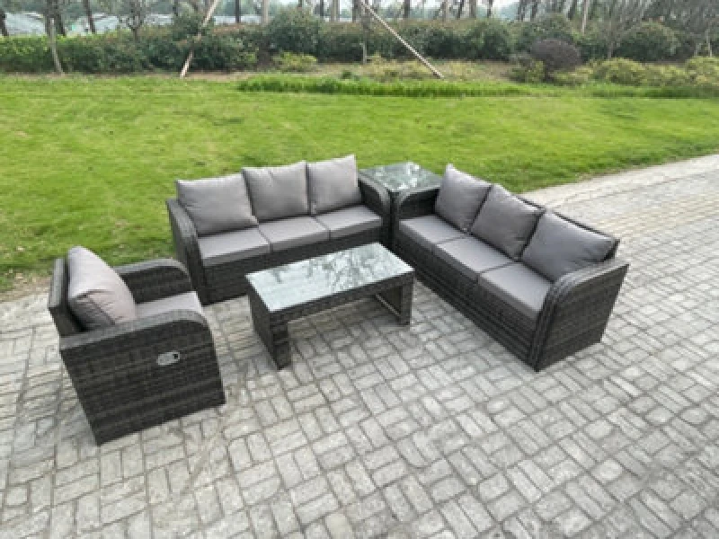 Image of Fimous 7 Seater Wicker PE Rattan Sofa Set Outdoor Patio Garden Furniture Set with Side Table Reclining Chairs Coffee Table Dark Grey