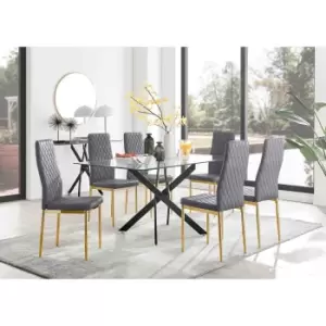 Image of Furniture Box Leonardo Black Leg Glass Dining Table and 6 Grey Velvet Milan Gold Leg Chairs
