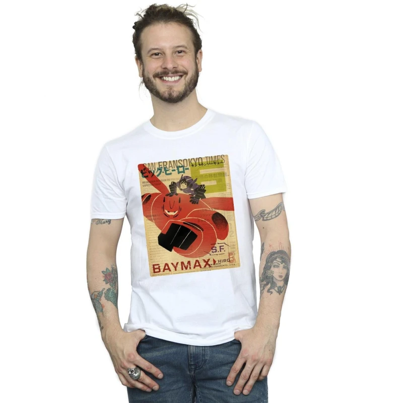 Image of Disney Men Big Hero 6 Baymax Flying Baymax Newspaper T-Shirt in White Size: Small White S Male 5059934865365