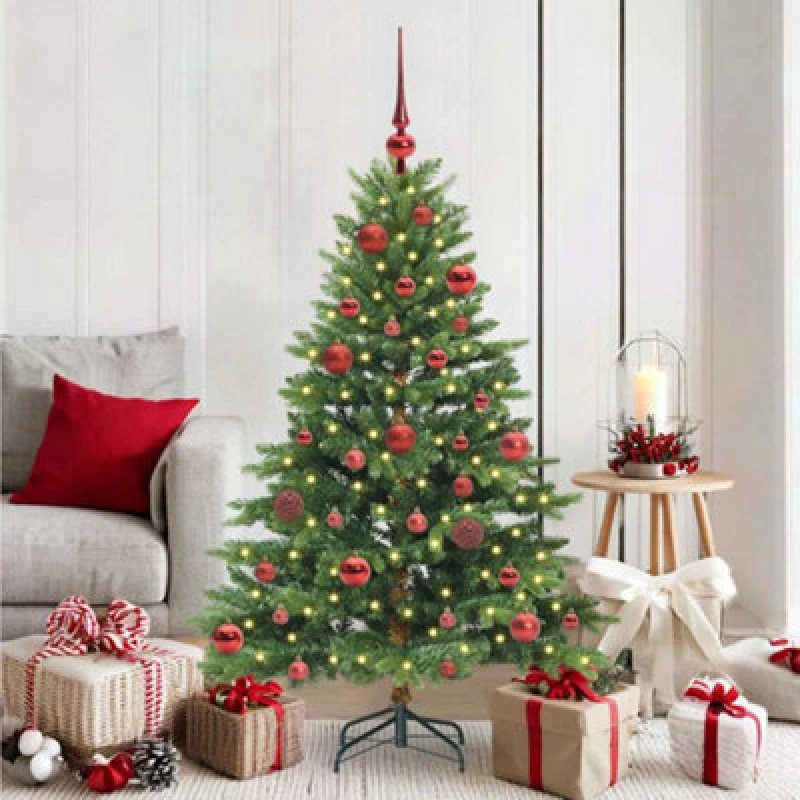 Image of vidaXL Artificial Christmas Tree with 150 LEDs and Red Balls Green 150cm PE and PVC, Green 3397536