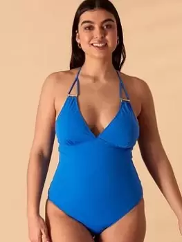 Image of Accessorize Ring Detail High Neck Shaping Swimsuit - Blue Size 10, Women
