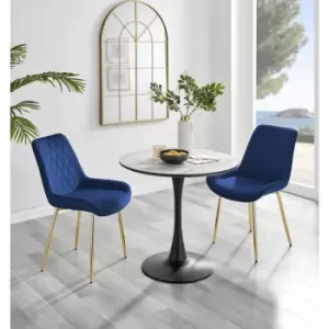 Image of Furniturebox UK - Furniturebox Elina White Marble Effect Modern 80cm Round Dining Table & 2 Navy Pesaro Gold Leg Velvet Chairs