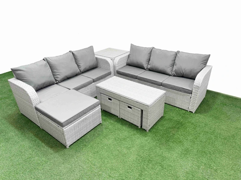 Image of Fimous Outdoor Garden Furniture Sets 9 Seater Wicker Rattan Furniture Sofa Sets with Oblong Coffee Table high Back Lounge Sofa 3 Stools Side Table Lig