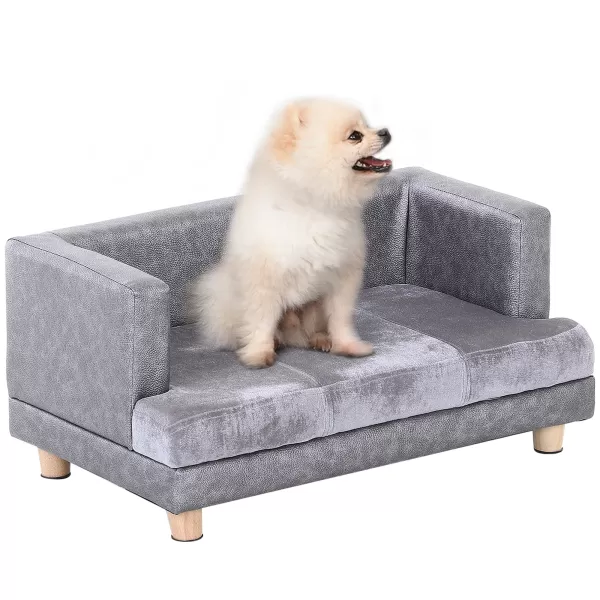 Image of PawHut Dog Sofa Bed for Small-Sized Dogs, Elevated Pet Chair with PU Cover, Soft Cushion, Cat Couch Lounger with Anti-slip Legs - Grey