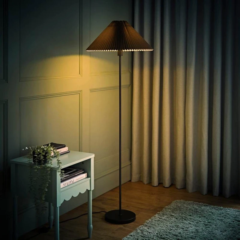 Image of ValueLights Akira Pleated Shade Slim Floor Lamp with LED Bulb Black