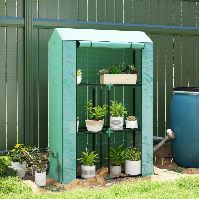Image of Outsunny 3 Tier Mini Greenhouse with PE Cover, Roll-Up Door, Green Bright Green
