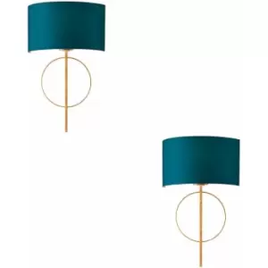 Image of Loops - 2 pack Antique Gold Leaf Wall Light & Teal Satin Shade Dimmable Filament Lamp