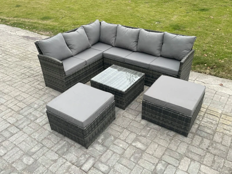 Image of Fimous 8 Seater Outdoor Garden Furniture Set Wicker PE Rattan Corner Sofa Set with Square Coffee Table 2 Big Footstool Dark Grey Mixed Dark Grey