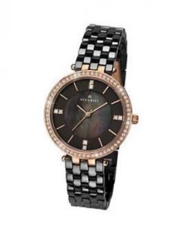 Image of Accurist Black Mother Of Pearl And Diamond Dial With Crystal Set Rose Gold Bezel And Black Ceramic Bracelet Ladies Watch