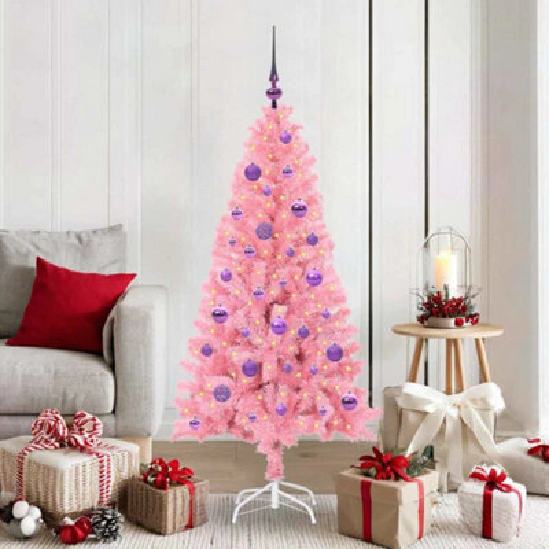 Image of vidaXL Christmas Tree with 150 LEDs, Lilac Balls with Stand Pink 150cm PVC, Pink 3396422