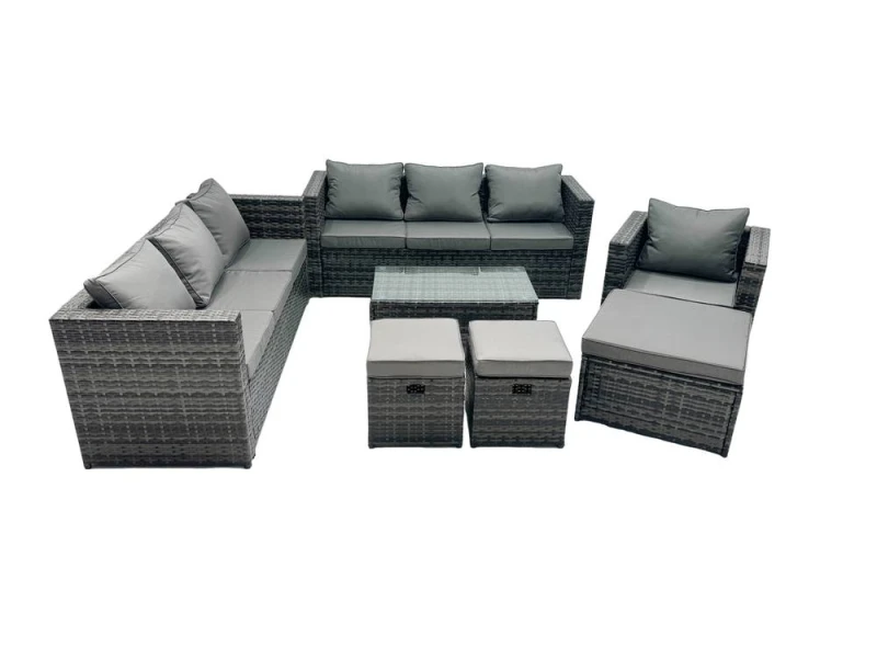 Image of Fimous 10-seater Patio Coffee Table Sofa Set with 3 Stools Dark Grey Mixed Dark Grey Unisex