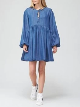 Image of Superdry Long sleeve Smock Dress - Mid Blue, Size 8, Women