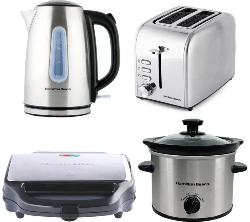 Image of HAMILTON BEACH Rise Jug Kettle, 2-Slice Toaster, Sandwich Toaster & Slow Cooker Bundle - Silver/Grey 5060916373471