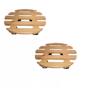 Image of Pack of 2 35cm Round Wooden Garden Plant Pot Flower Trolley Stand on Wheels