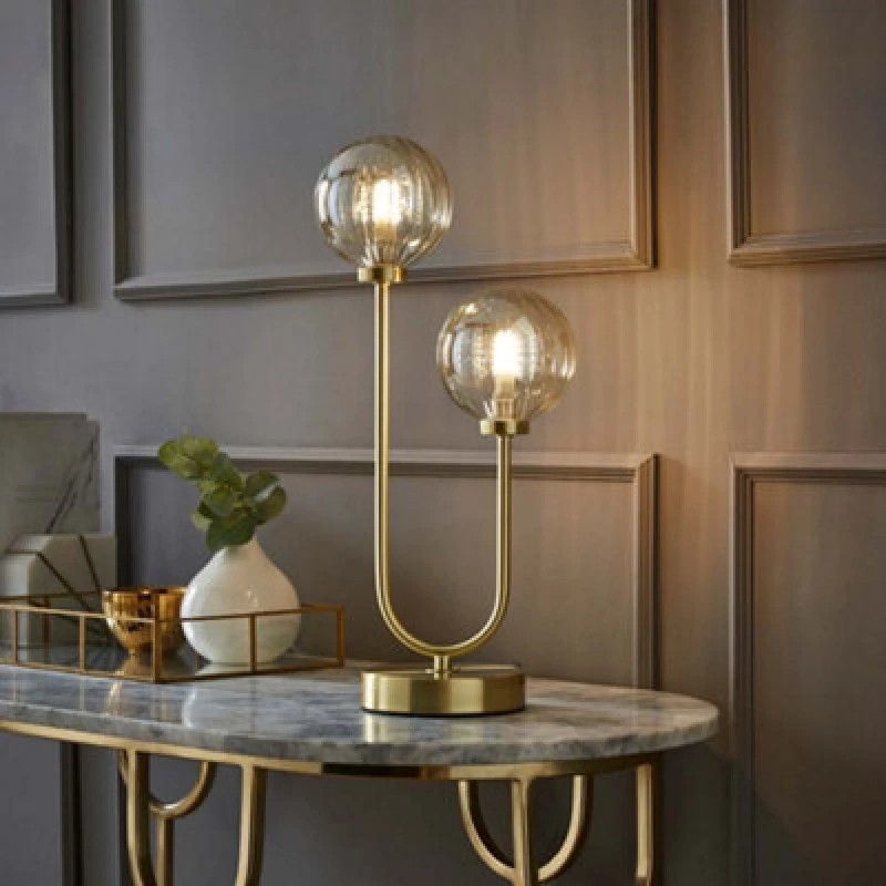 Image of ValueLights Chessy Asymmetric Ribbed Glass Globe Gold Dual 2 Way Stem Table Lamp Gold