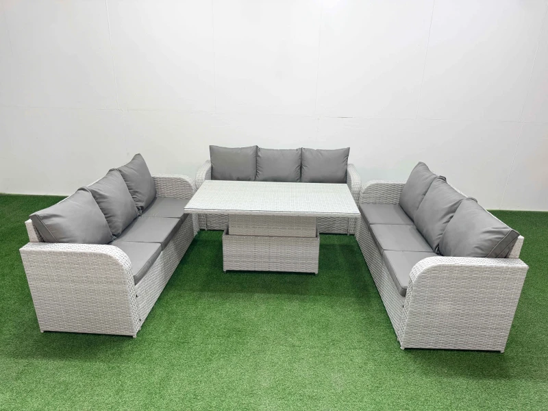 Image of Fimous PE Rattan Lounge Sofa Set 9 Seater Outdoor Garden Furniture Set with Adjustable Lifting Dining or Coffee Table 3 Seater Sofa Light Grey Light G