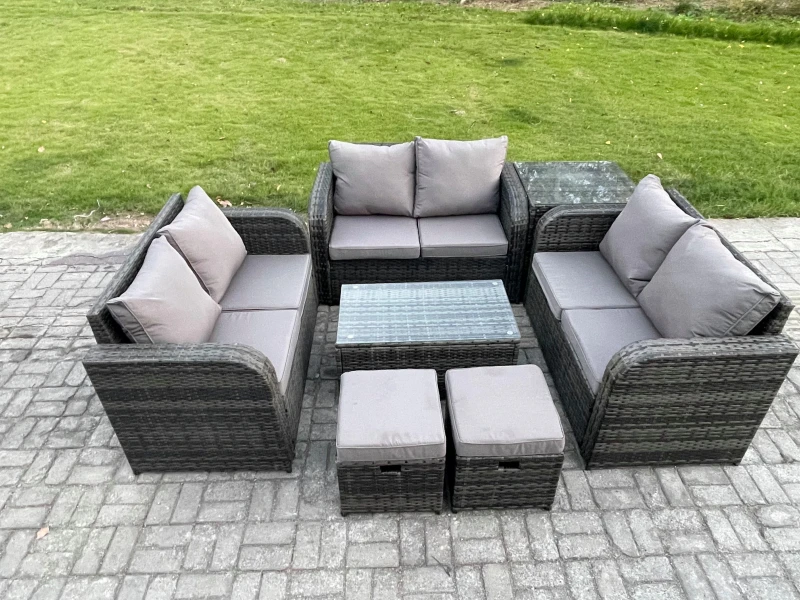 Image of Fimous Outdoor Garden Furniture Sets 8 Seater Wicker Rattan Furniture Sofa Sets with Rectangular Coffee Table Love Sofa Side Table 2 Small Footstools