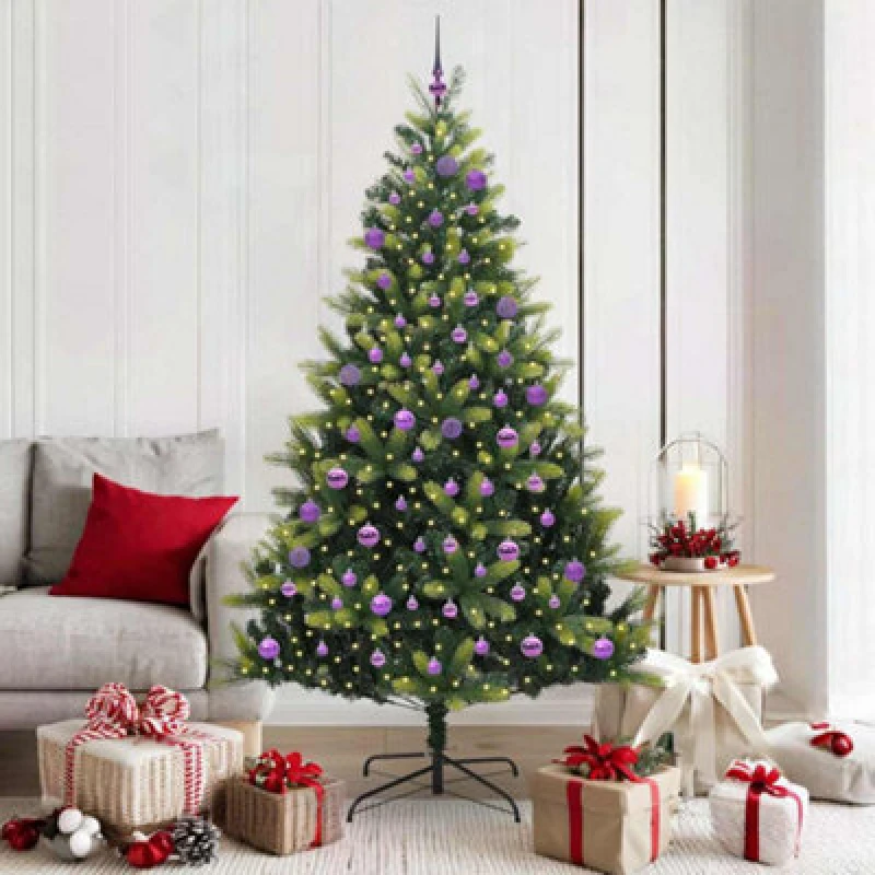 Image of vidaXL Artificial Hinged Christmas Tree 300 LEDs, Lilac Balls Green 180 cm, Green 3395997