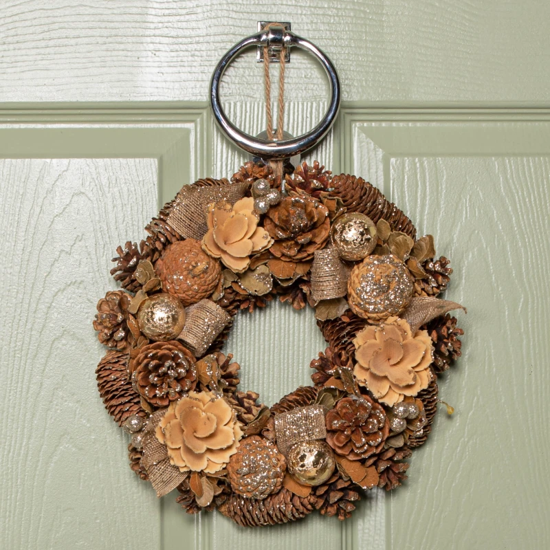 Image of 30cm Hanging Christmas Gold Fest Wreath with Pinecones and Gold Berries