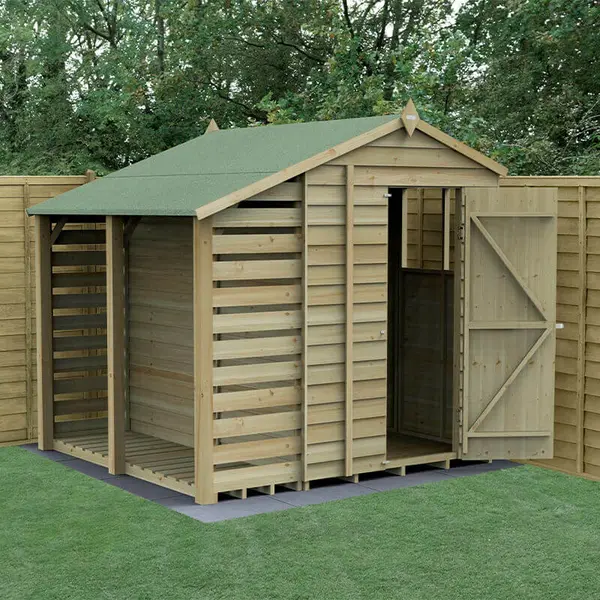 Image of 7' x 5' Forest 4Life 25yr Guarantee Overlap Pressure Treated Apex Wooden Shed with Lean To (2.18m x 2.3m)