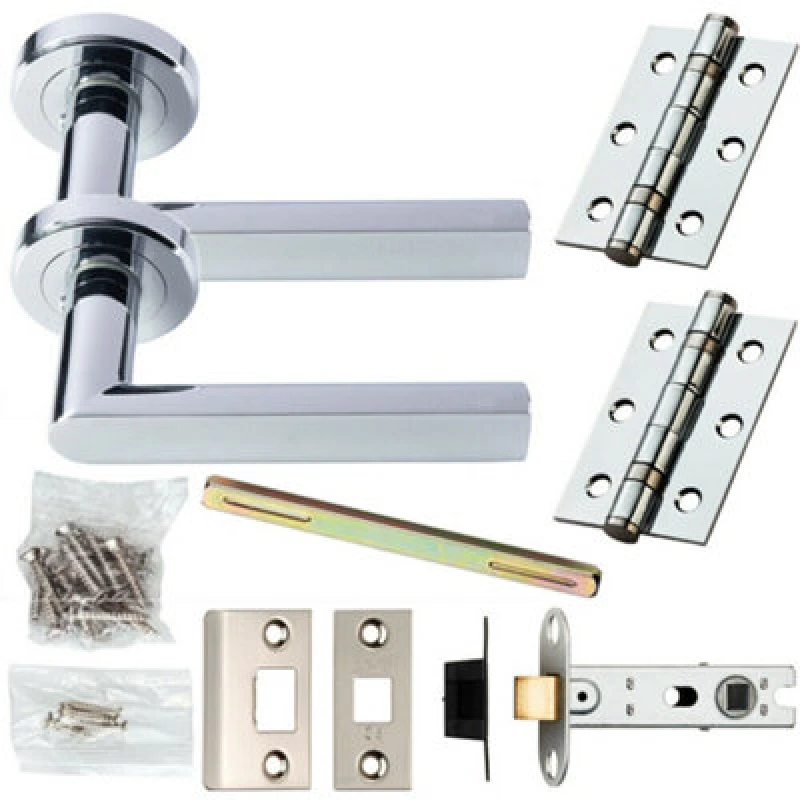 Image of Loops Door Handle & Latch Pack Chrome Modern Flat Square Bar on Screwless Round Rose Multi