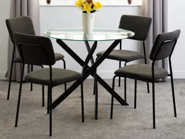 Image of Seconique Sheldon Glass and Black Dining Table and 4 Grey Boucle Fabric Chairs