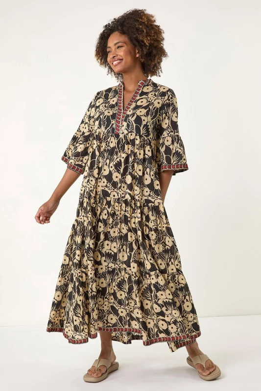 Image of Roman Womens Floral Print Border Maxi Dress in Brown Size: 14 Brown Female 14