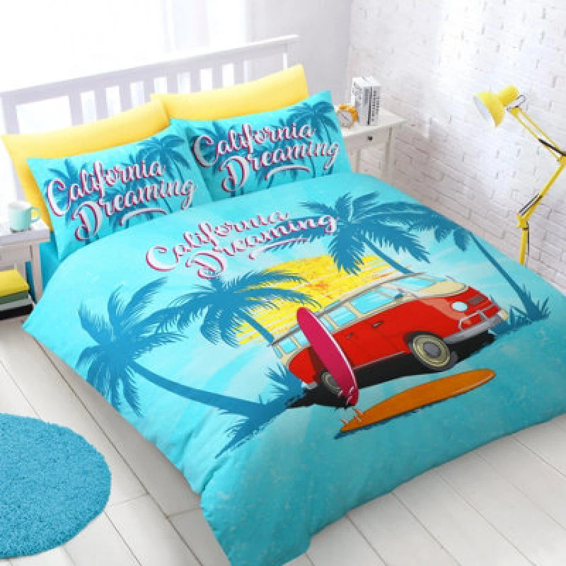 Image of Velosso California Dreaming Duvet Cover & Pillowcase Set, Surf Van Print Bedding, Tropical Beach Theme, Machine Washable - Multicolour