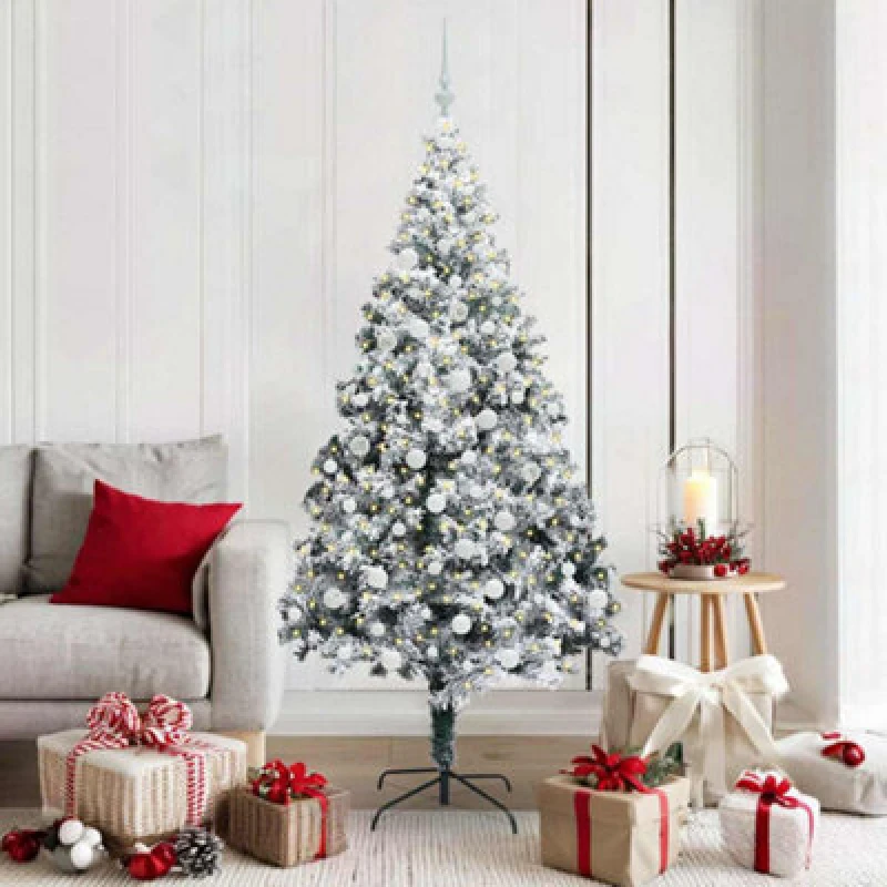 Image of vidaXL Artificial Christmas Tree with 300 LEDs, White Balls with Stand Snow Flocked Green 180 cm, Green 3396965