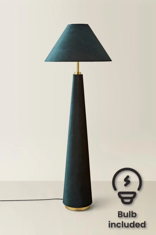 Image of ValueLights ValueLights Martha Velvet Midi Floor Lamp with Conical Velvet Lamp Shade and Bulb in Dark Green Dark Green One Size Unisex 5059406070358