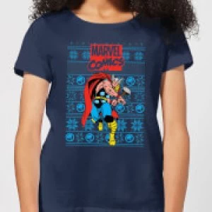 Image of Marvel Avengers Thor Womens Christmas T-Shirt - Navy - M