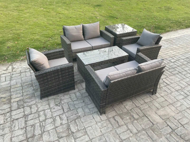 Image of Fimous 6 Seater Dark Grey Mixed High Back Rattan Sofa Set Coffee Table Garden Furniture Outdoor Patio With Love Sofa Arm Chairs Dark Grey Unisex