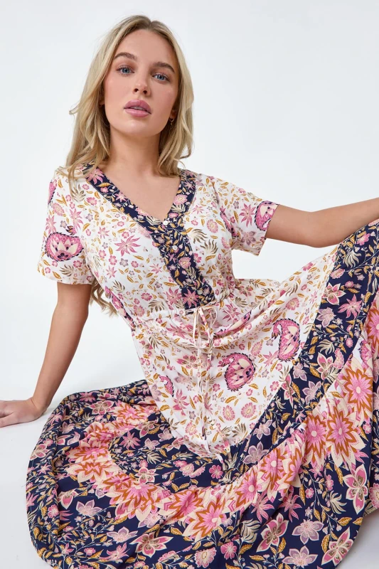 Image of Roman Petite Floral Border Print Midi Dress Light Pink female