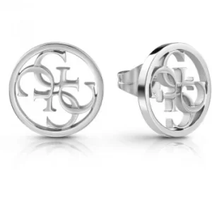 Image of GUESS rhodium plated circular stud earrings with 4G logo.