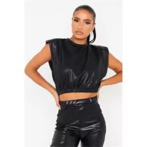 Image of I Saw It First Black Faux Leather Padded Shoulder Crop Top - Black