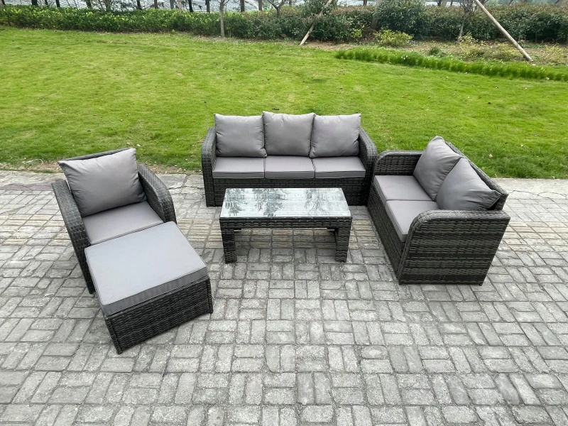 Image of Fimous 7 Seater Outdoor Rattan Garden Furniture Set Rattan Lounge Sofa Set with Rectangular Coffee Table Reclining Chair Big Footstool Dark Grey