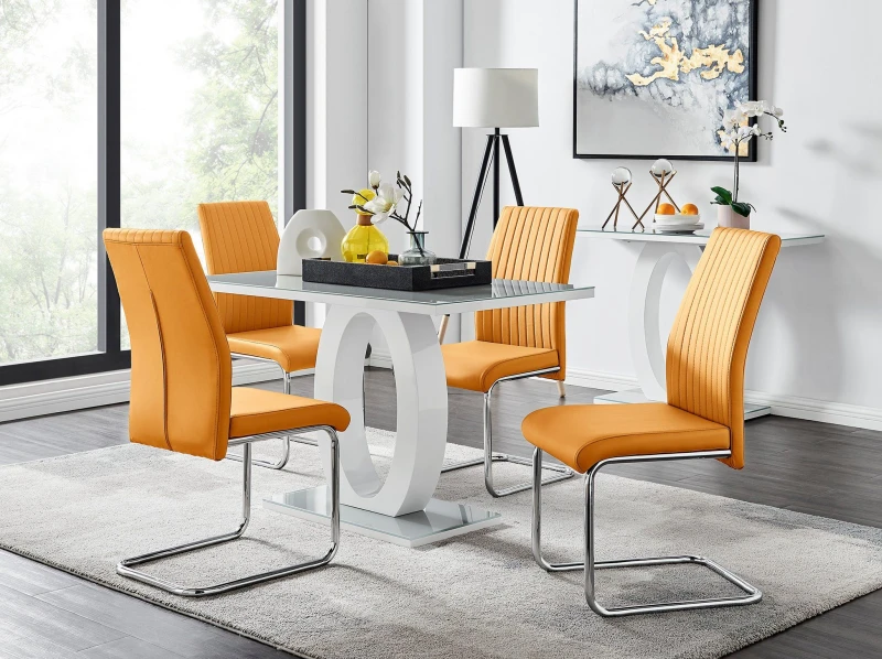 Image of FurnitureboxUK FurnitureboxUK Giovani Grey White Modern High Gloss And Glass Dining Table And 4 Lorenzo Chairs Set in Mustard Mustard One Size Unisex