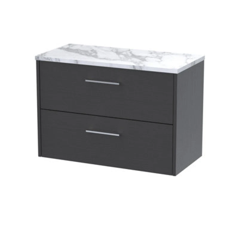 Image of Nuie Hudson Reed Juno Wall Hung 2-Drawer Vanity Unit & Carrera Marble Worktop, Countertop Basin Unit In Graphite Grey Woodgrain, 800mm