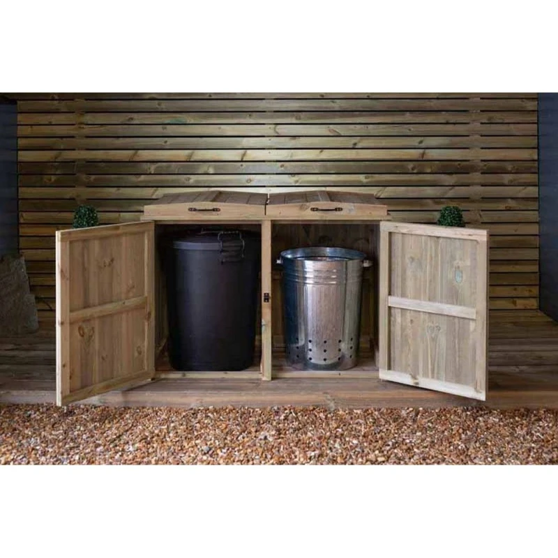 Image of Buttercup Farm Paythorne Dustbin Store Double - Timber - L64 x W122.5 x H88cm in Brown Brown Unisex