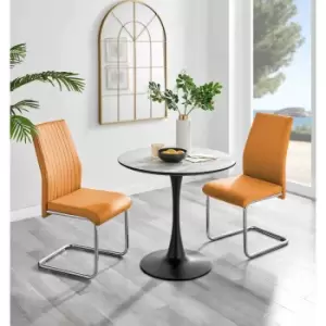 Image of Furniture Box Elina White Marble Effect Round Dining Table and 2 Mustard Lorenzo Chairs
