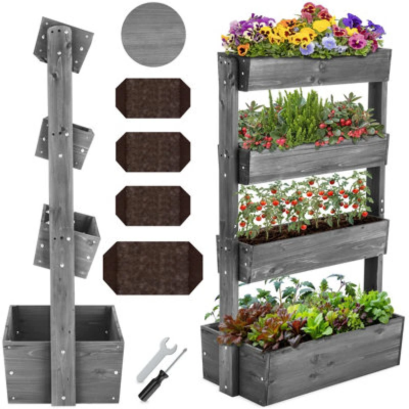 Image of Tectake Vertical Planter Flora In A Rustic Wooden Design With 3 To 5 Tiers And Plant Fleece Included 85 X 45 X 140 Cm - Grey