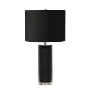 Image of Table Lamp Ribbed Black Resin Base Black Faux Linen Shade Black LED E27 60W
