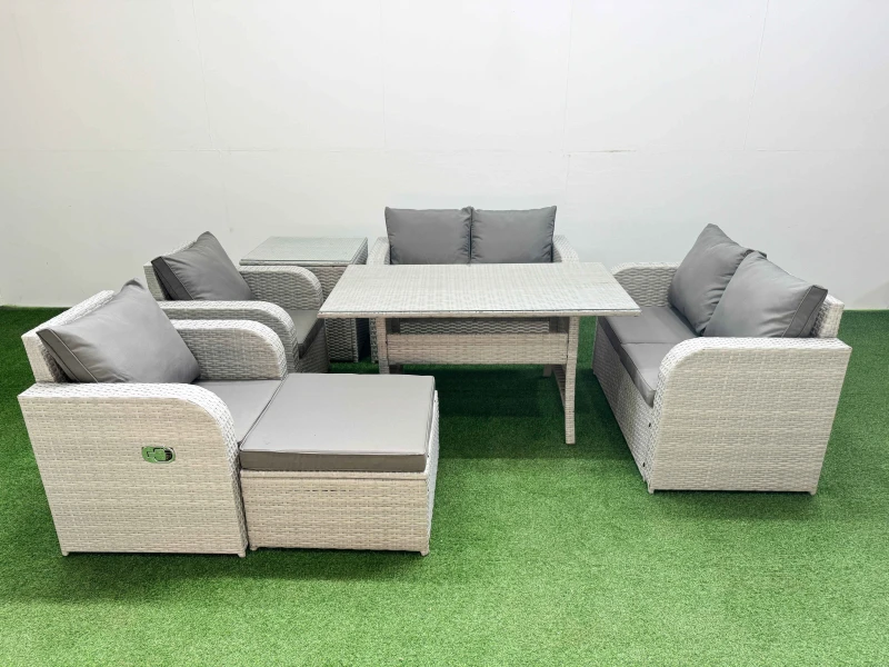 Image of Fimous 7 Seater Outdoor Reclining Chair Love Sofa Set Rattan Garden Furniture Set with Rectangular Dining Table Footstool Side Table Light Grey Light