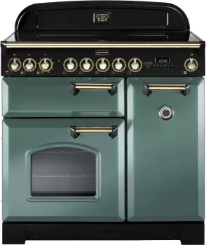 Image of Rangemaster CDL90EIMG/B Classic Deluxe Mineral Green with Brass Trim 90cm Induction Range Cooker
