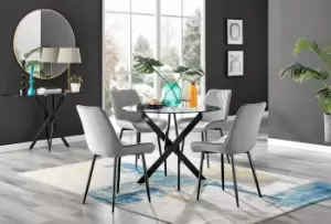 Image of Novara 4 Seater Black Leg Round Glass Dining Table & 4 Pesaro Soft Velvet Black Leg Chairs