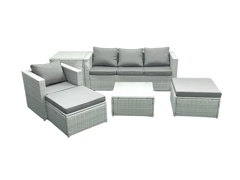 Image of Fimous Garden Outdoor Furniture Set 6 Seater Rattan Sofa Set with 2 Big Footstools Armchair Side Table Light Grey Mixed Light Grey