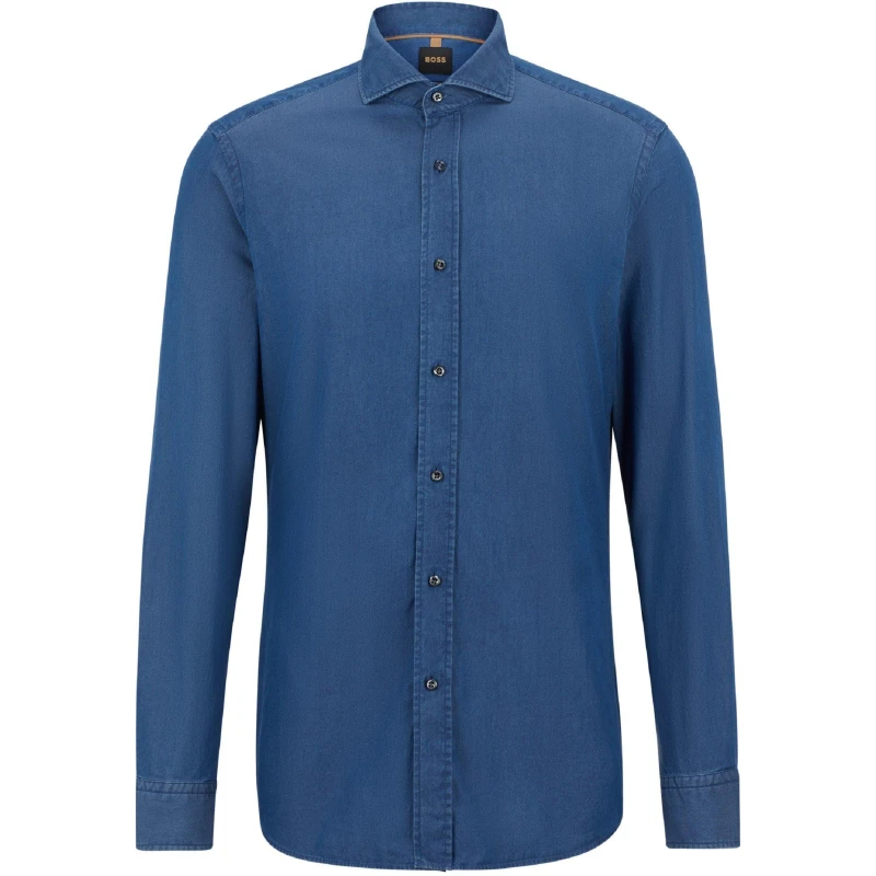 Image of Boss Mens T Hays Spread C1 Plain Long-Sleeve Shirt Open Blue male 15.7 In 90