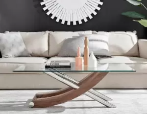 Image of Mayfair Rectangular Glass Top Coffee Table with Shiny Stainless Curved X Shaped Legs