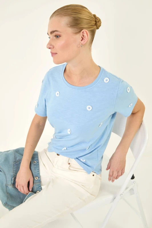 Image of Roman Womens Textured Floral Stretch T-Shirt in Blue Size: 14 Blue Female 14